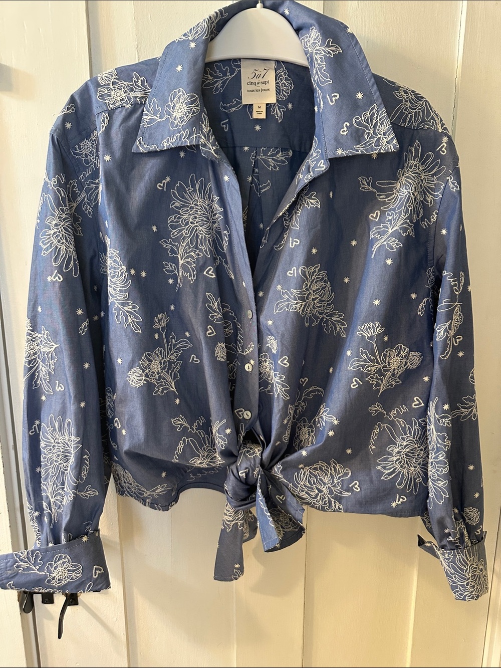 Blue and white embroidered floral Tie-Front Button-Up Shirt